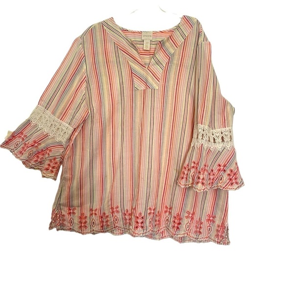 Chico's Tops - Chico’s striped tunic bell sleeves eyelet trim lace details scallop hem …